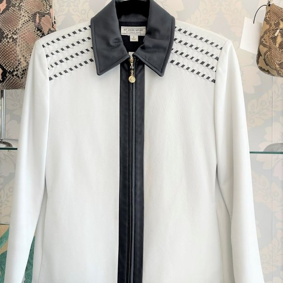 ST. JOHN SPORT by MARIE GRAY Wht/Blk Leather Zip Front Blazer/Jacket